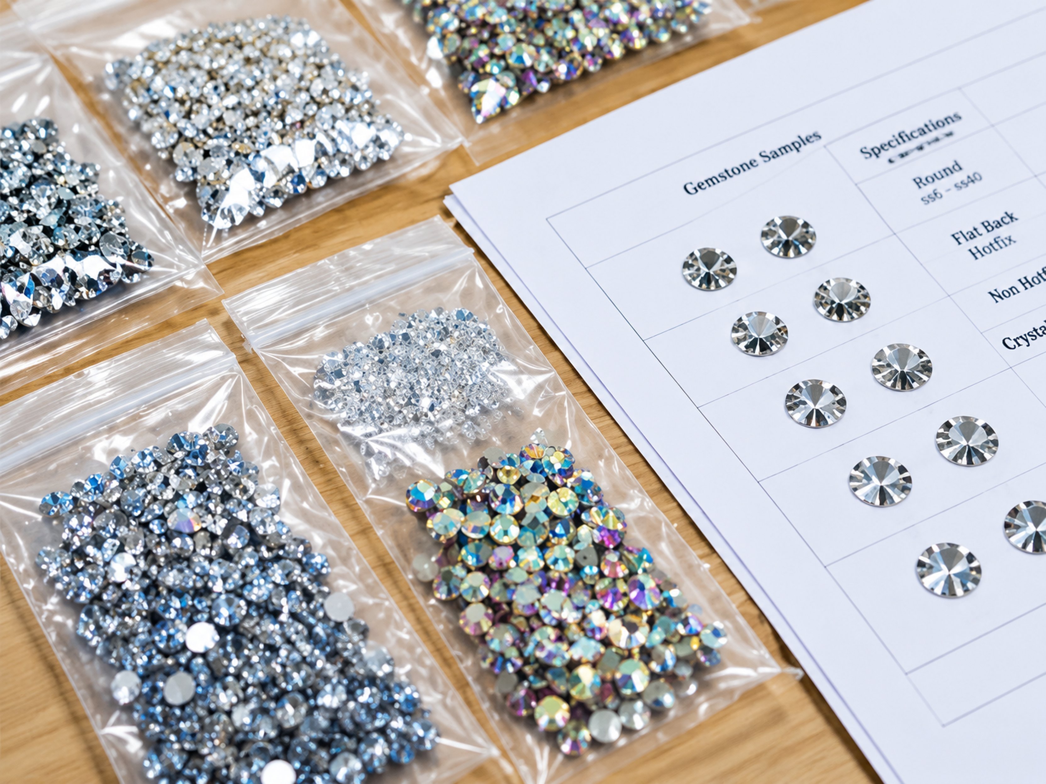 Rhinestone samples and product specifications for importer approval