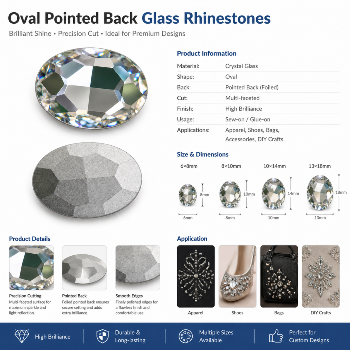 Oval Pointed Back Glass Crystal Hotfix Rhinestones for Clothing, Dresses, Shoes and Bags