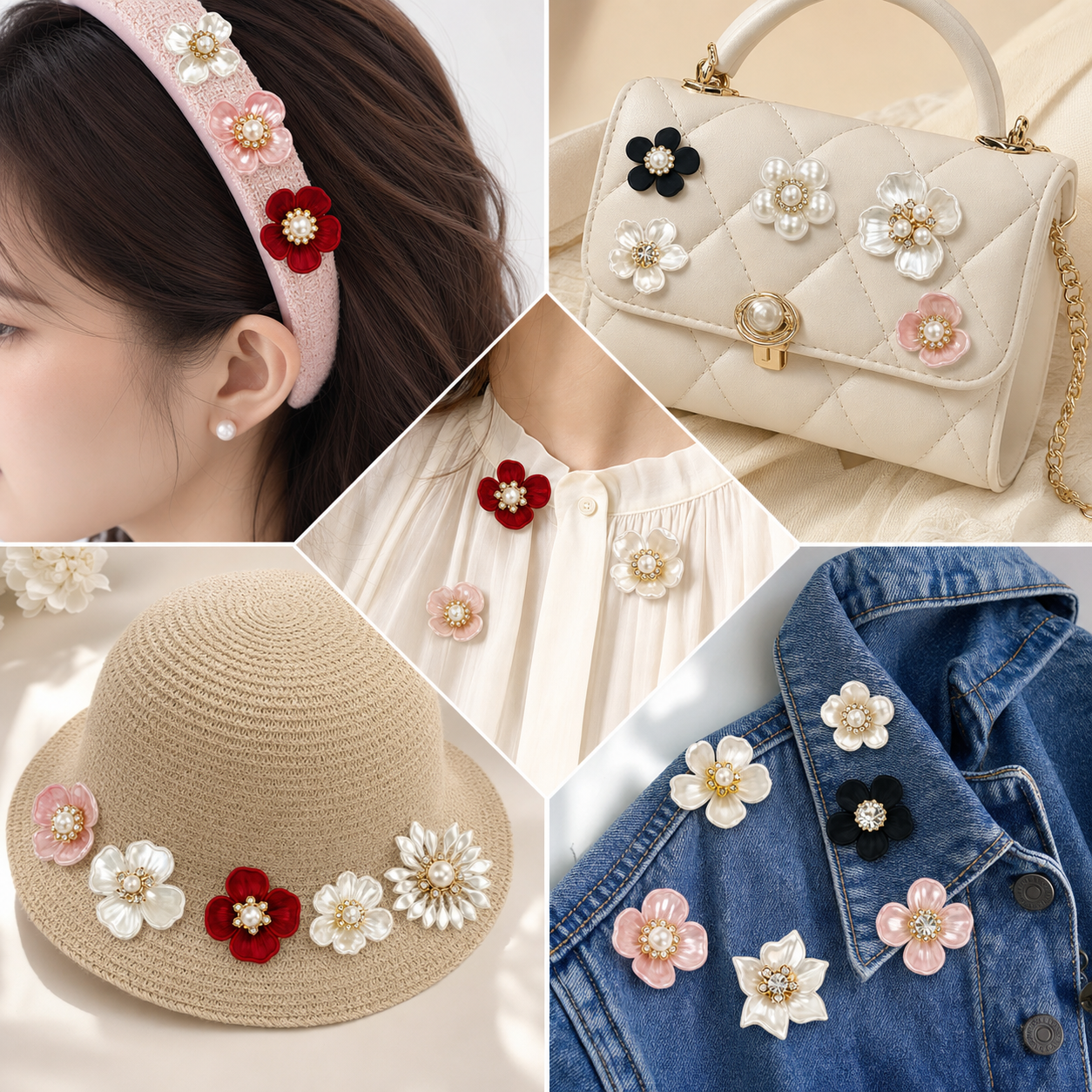 Pearl and flower shaped rhinestones decoration on clothing