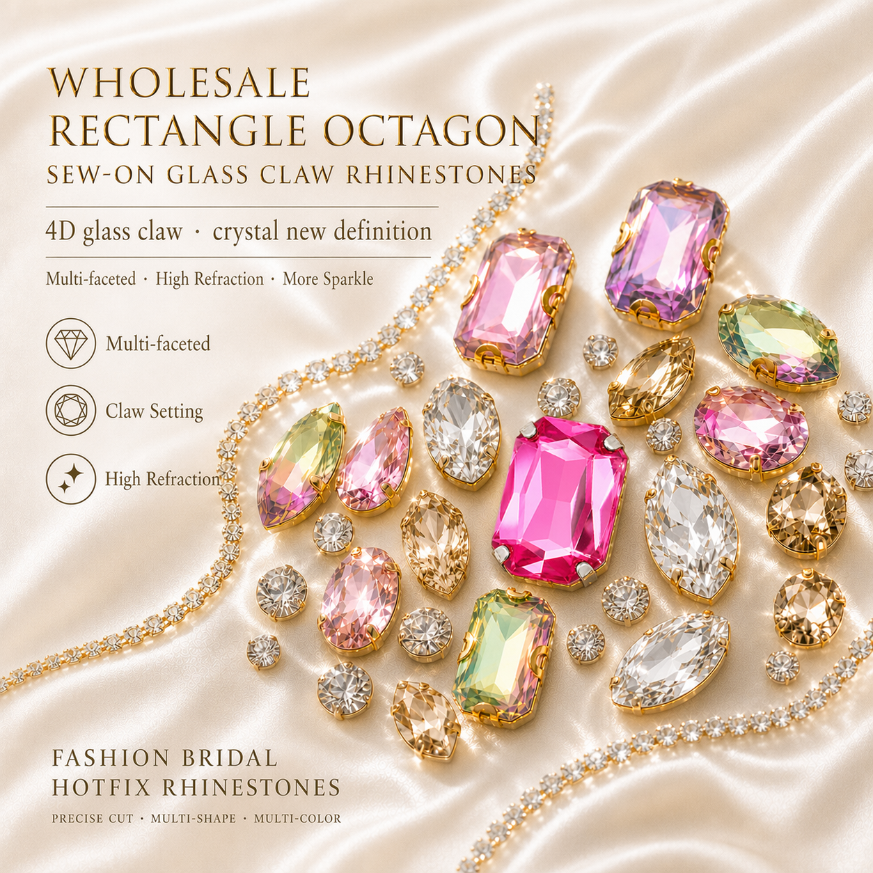 Wholesale rectangle octagon sew-on glass claw rhinestones for shoes, bags and garments