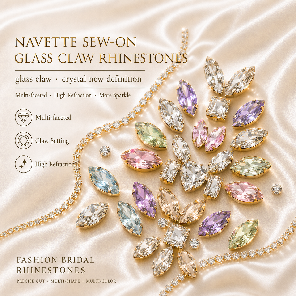 Navette Glass Sew-On Claw Rhinestones for Clothing and Bridal Decoration