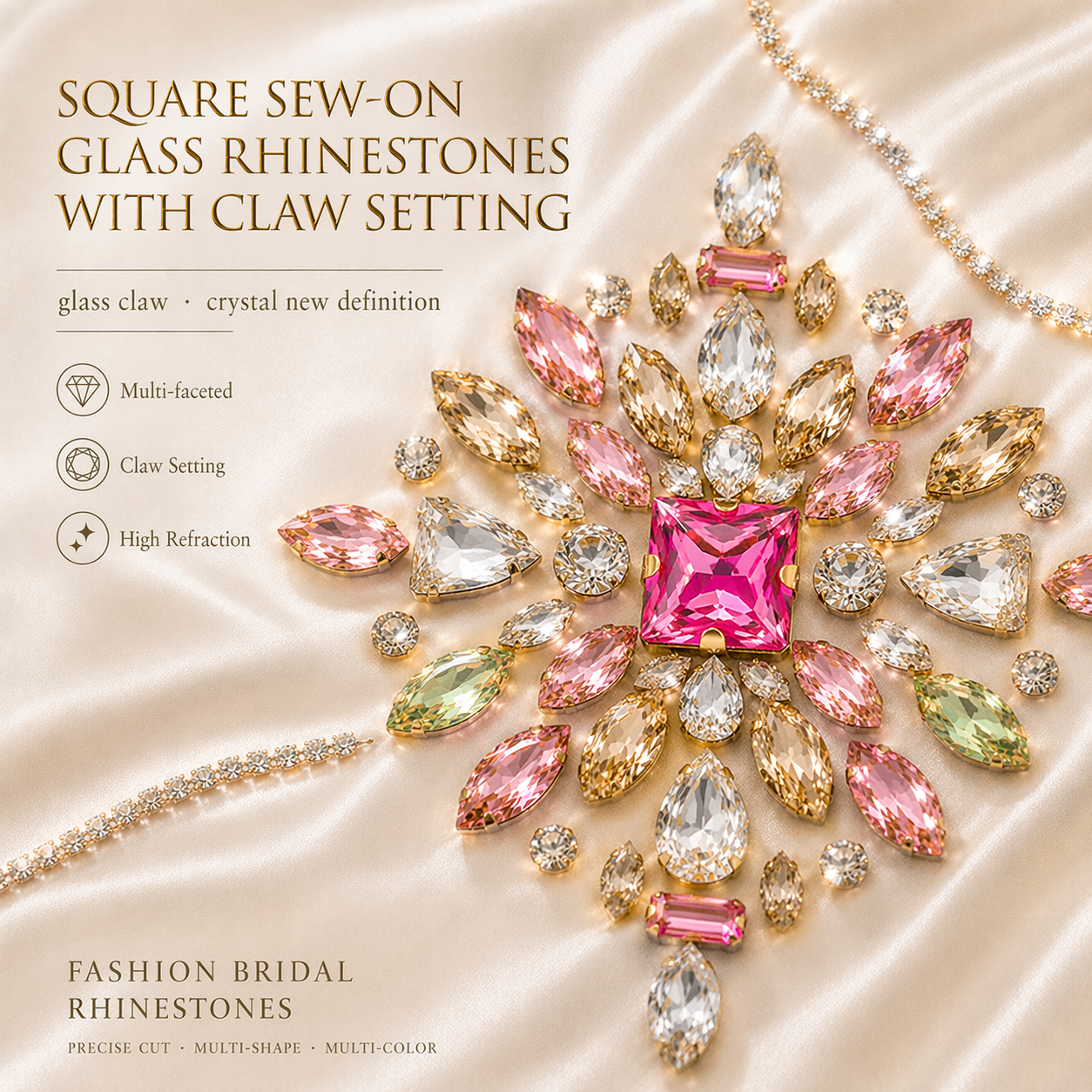 G&J wholesale square sew-on glass claw rhinestones for garment trims wholesale