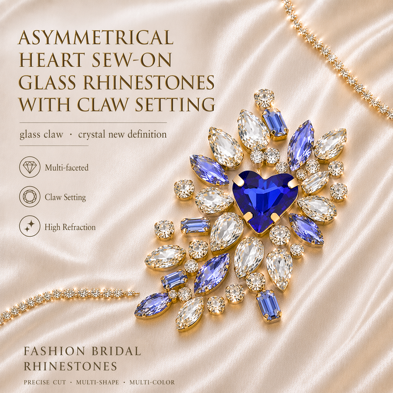 Asymmetrical heart sew-on glass rhinestones with metal claw setting for clothing embellishment