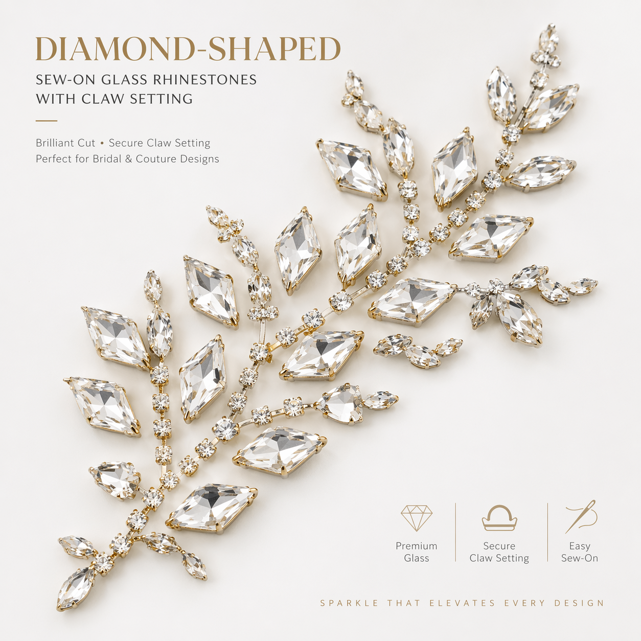 G&J wholesale diamond-shaped sew-on glass claw rhinestones for garment trims wholesale