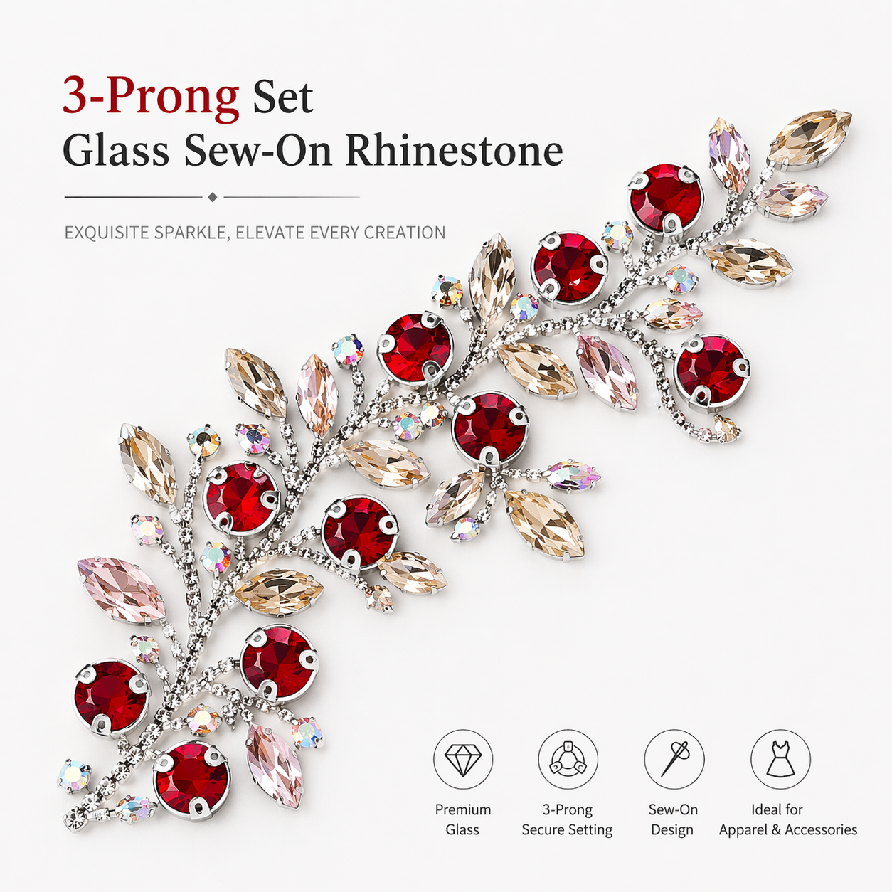 G&J wholesale D-shaped 3-prong round sew-on glass rhinestones for garment trims