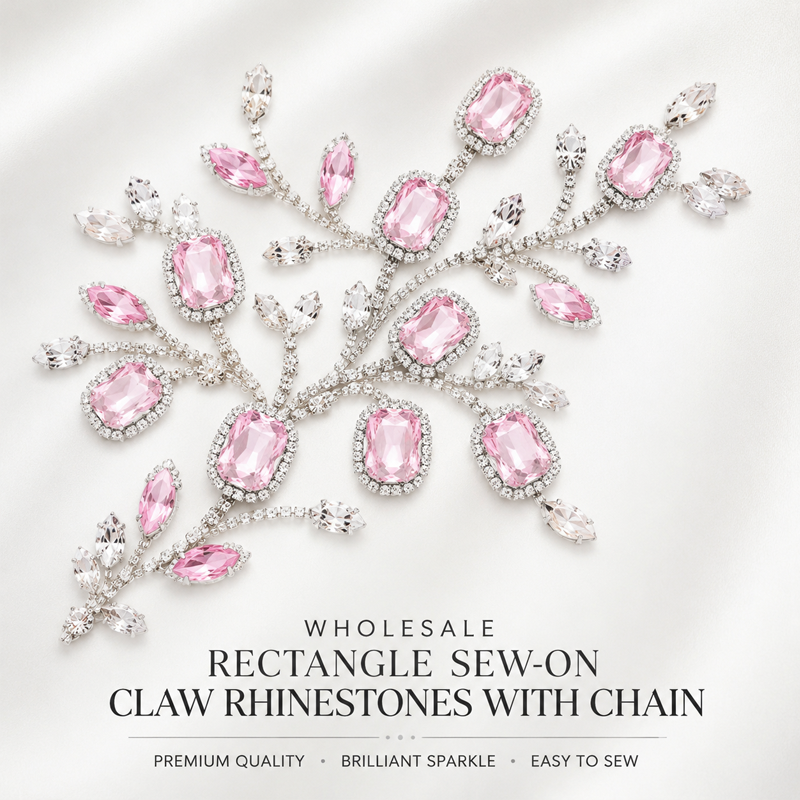 G&J wholesale rectangle sew-on claw rhinestones with chain for garment trims wholesale