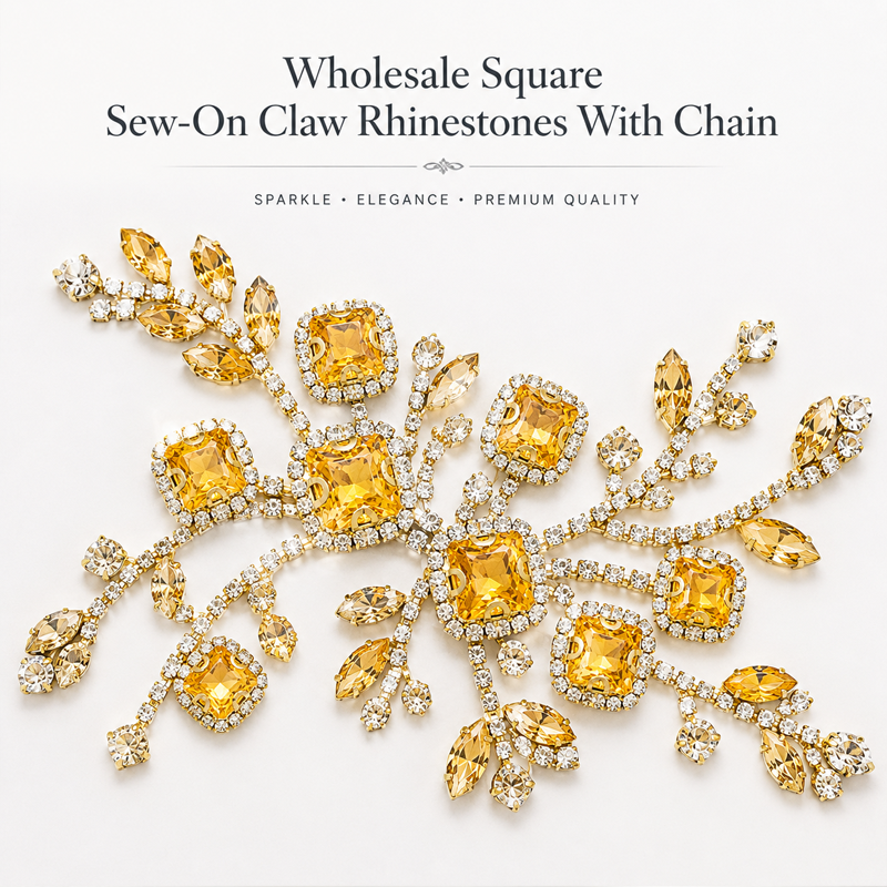 G&J wholesale square sew-on claw rhinestones with chain for garment trims wholesale