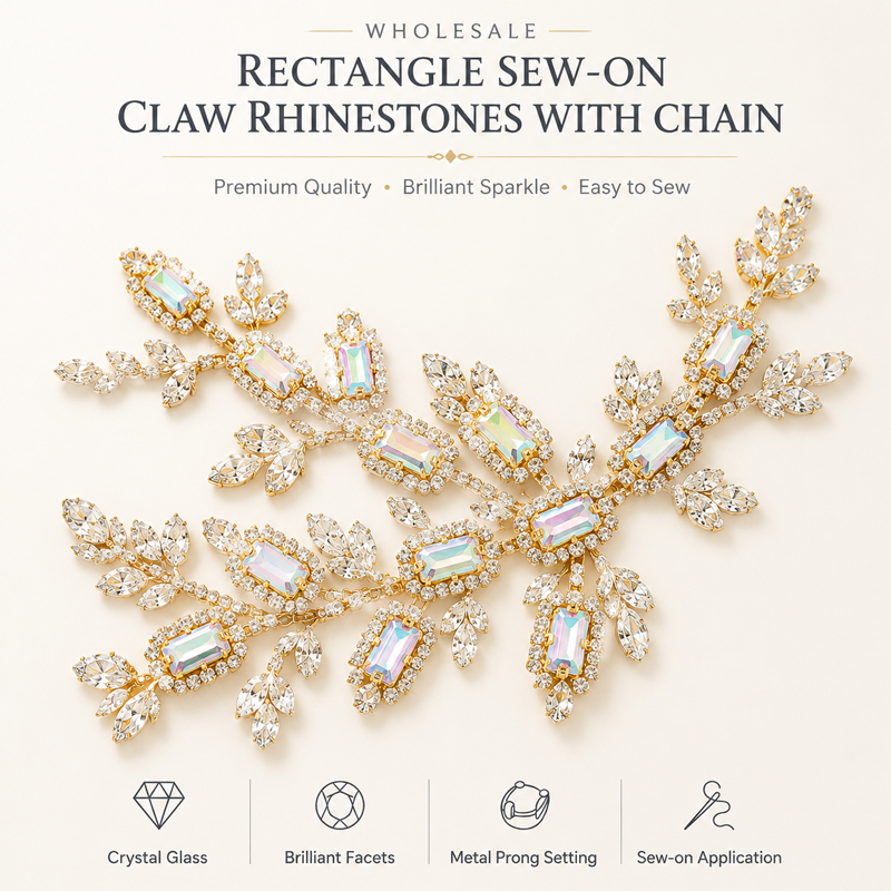 G&J wholesale rectangle sew-on claw rhinestones with chain for garment trims wholesale