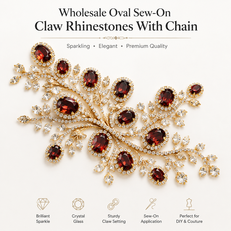 G&J wholesale oval sew-on claw rhinestones with chain for garment trims wholesale