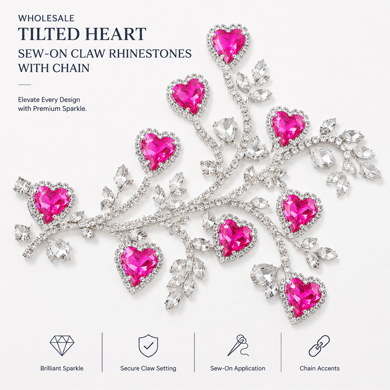 G&J wholesale tilted heart sew-on claw rhinestones with chain for garment trims wholesale
