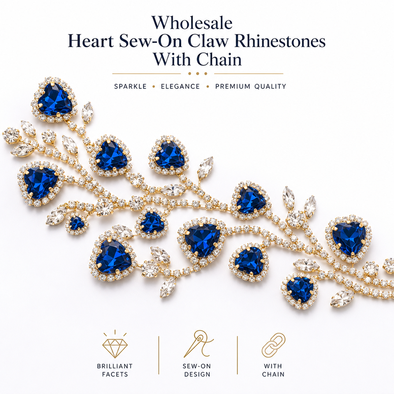 G&J wholesale heart sew-on claw rhinestones with chain for garment trims wholesale