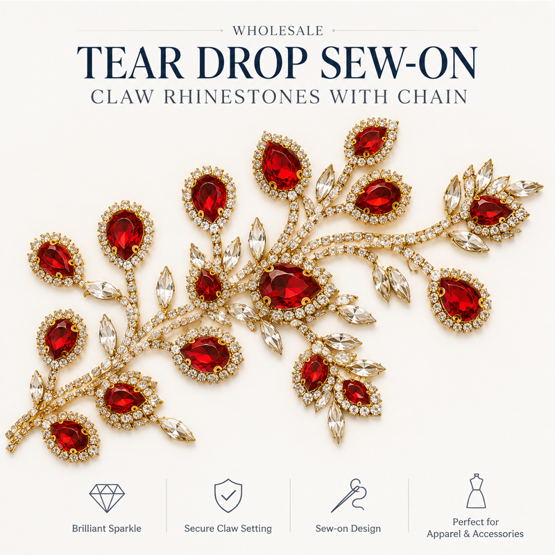 G&J wholesale tear drop sew-on claw rhinestones with chain for garment trims wholesale