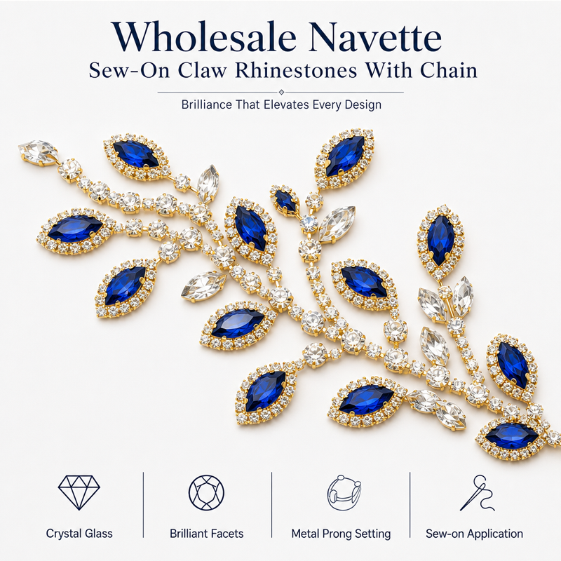 G&J wholesale navette sew-on claw rhinestones with chain for garment trims wholesale
