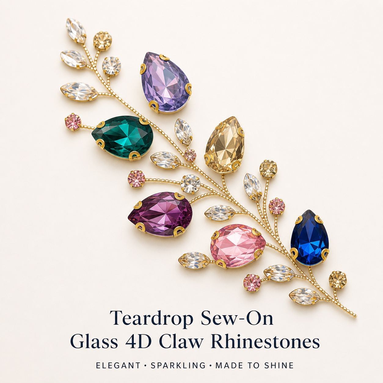 Teardrop sew-on glass 4D claw rhinestones for garment trims wholesale
