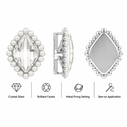 Wholesale Diamond-Shaped Sew-On Flower Mode Claw Rhinestones With Pearl