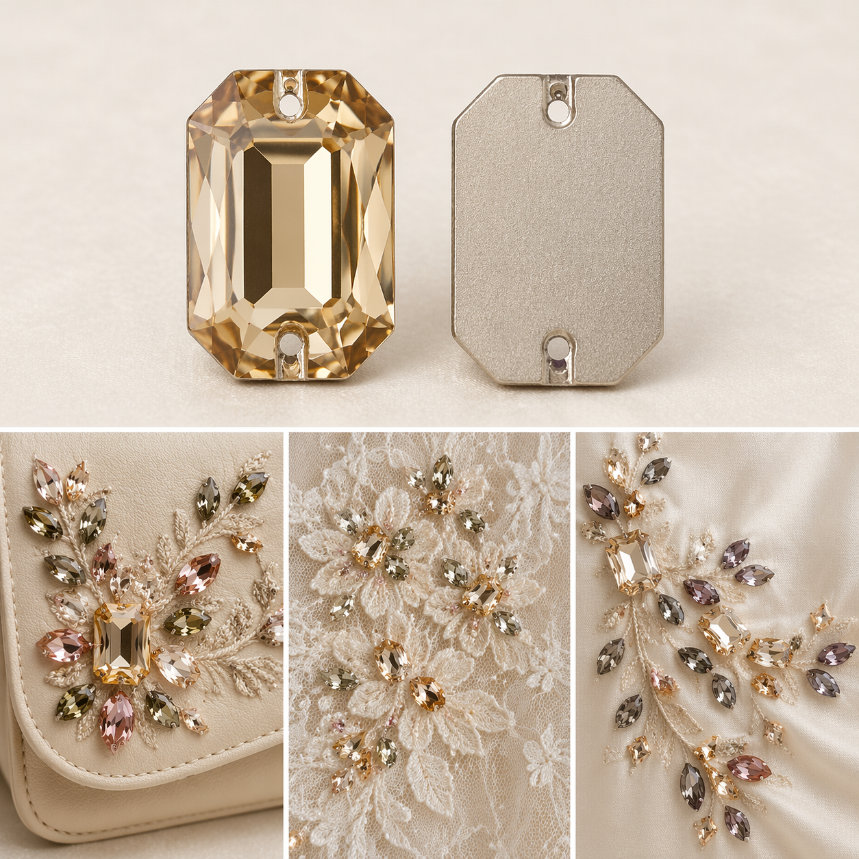 G&J Wholesale Octagon Rectangle Emerald Step Cut Glass Sew-On Stone, Chamfered Corner Step Facet Crystal With Silver Base For Large Bulk Full Layout Stage & Fast Fashion Garment Decoration