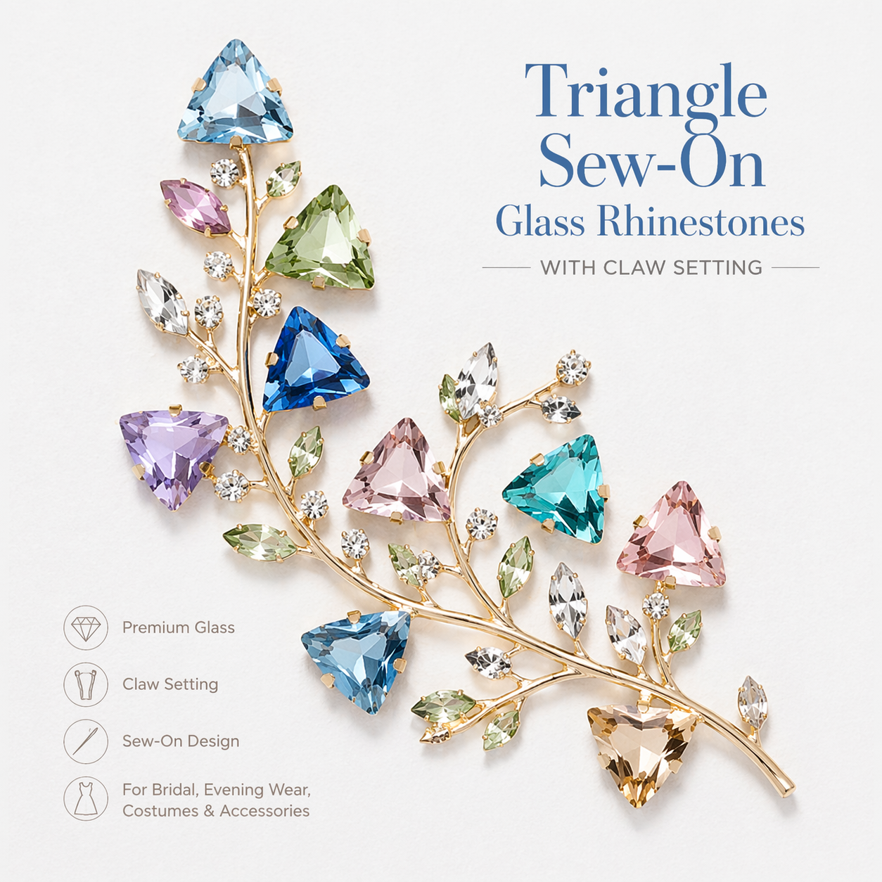 Wholesale triangle sew-on acrylic 4 claw rhinestones for shoes, bags and garments
