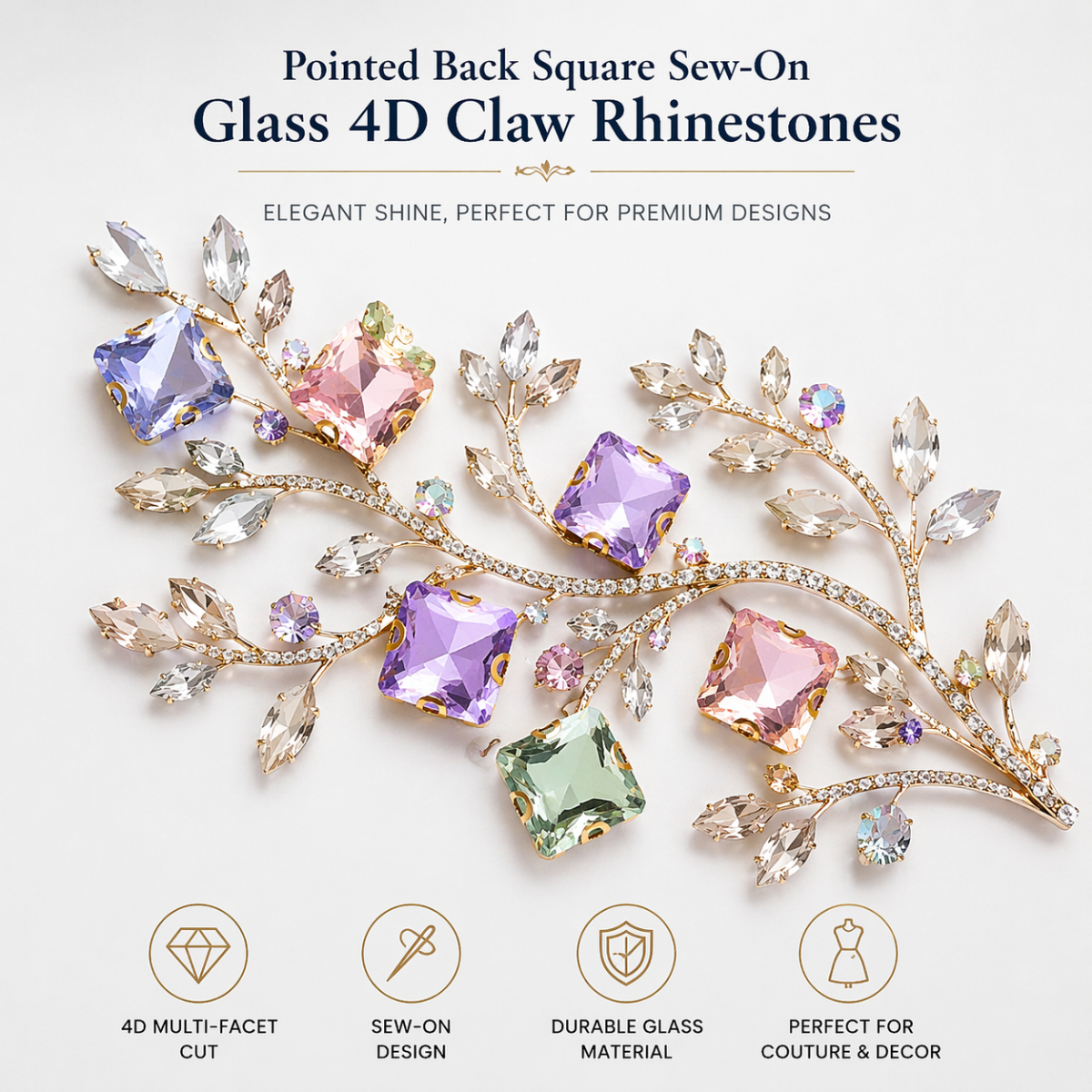 Wholesale square sew-on acrylic 4 claw rhinestones for shoes, bags and garments