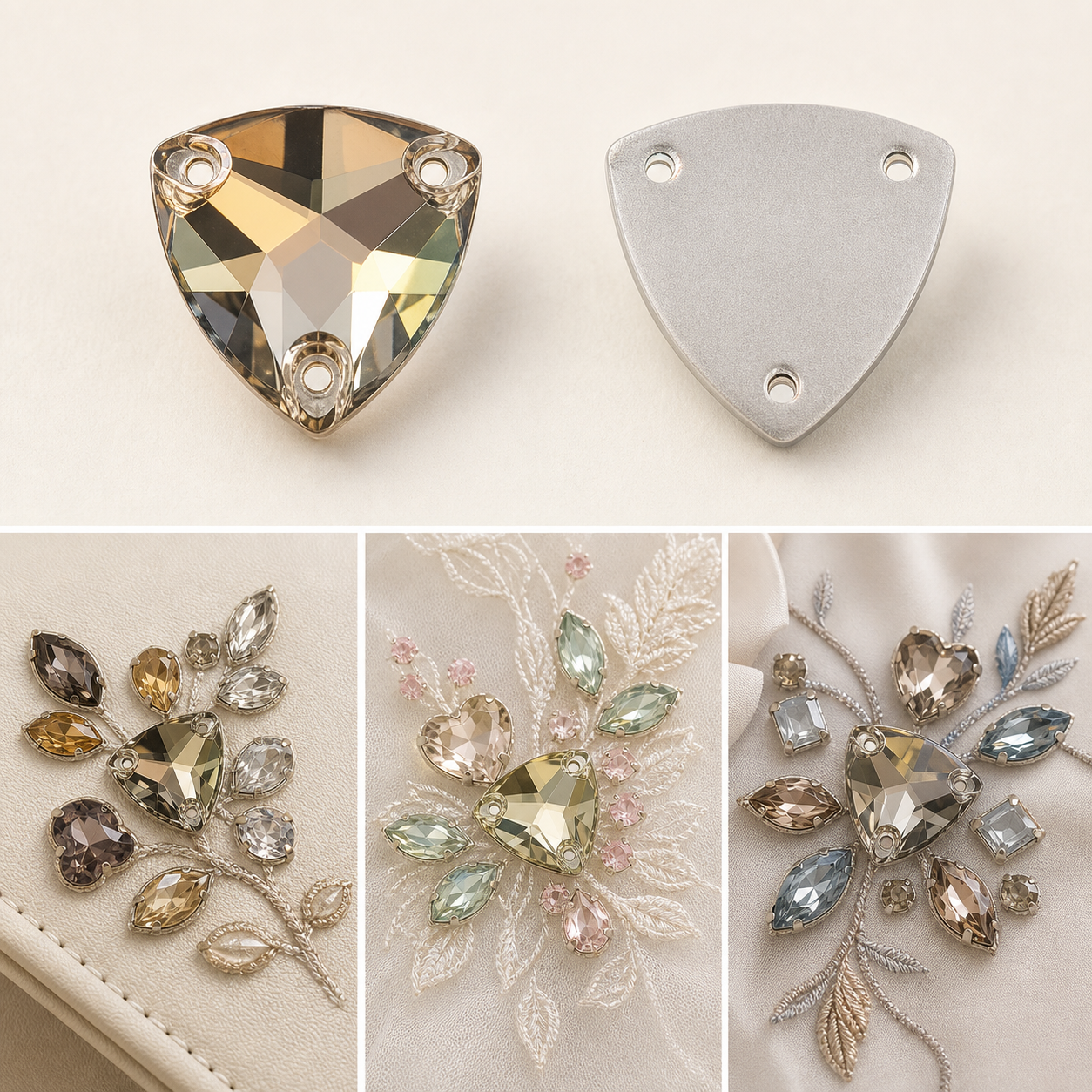 G&J Trilliant Cut Glass Sew-On Stones, Triangular Fancy Crystals With Dual Side Sewing Holes, Geometric Focal Embellishment For Haute Couture, Wedding Gown, Runway Apparel & Fashion Bags