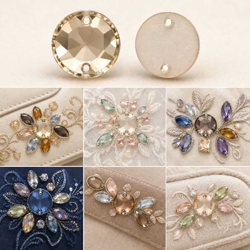 G&J Round Chamfered Two-Hole Acrylic Sew-On Stones, PMMA Shatterproof Hand Sew Only Crystals, Safe For Kids Apparel, Starry Dot Embellishment For Wedding Veil, Swimwear & Fast Fashion DIY Garments
