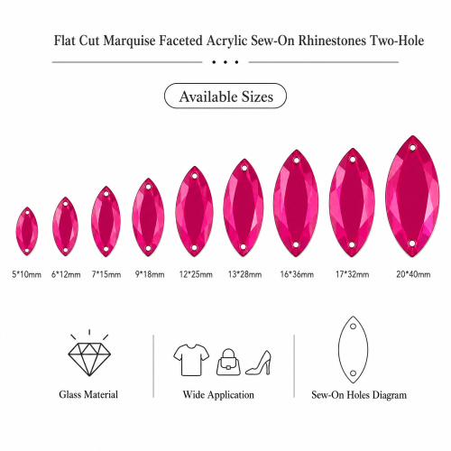 G&J Wholesale Flat Cut Marquise Faceted Acrylic Sew-On Rhinestones Two-Hole