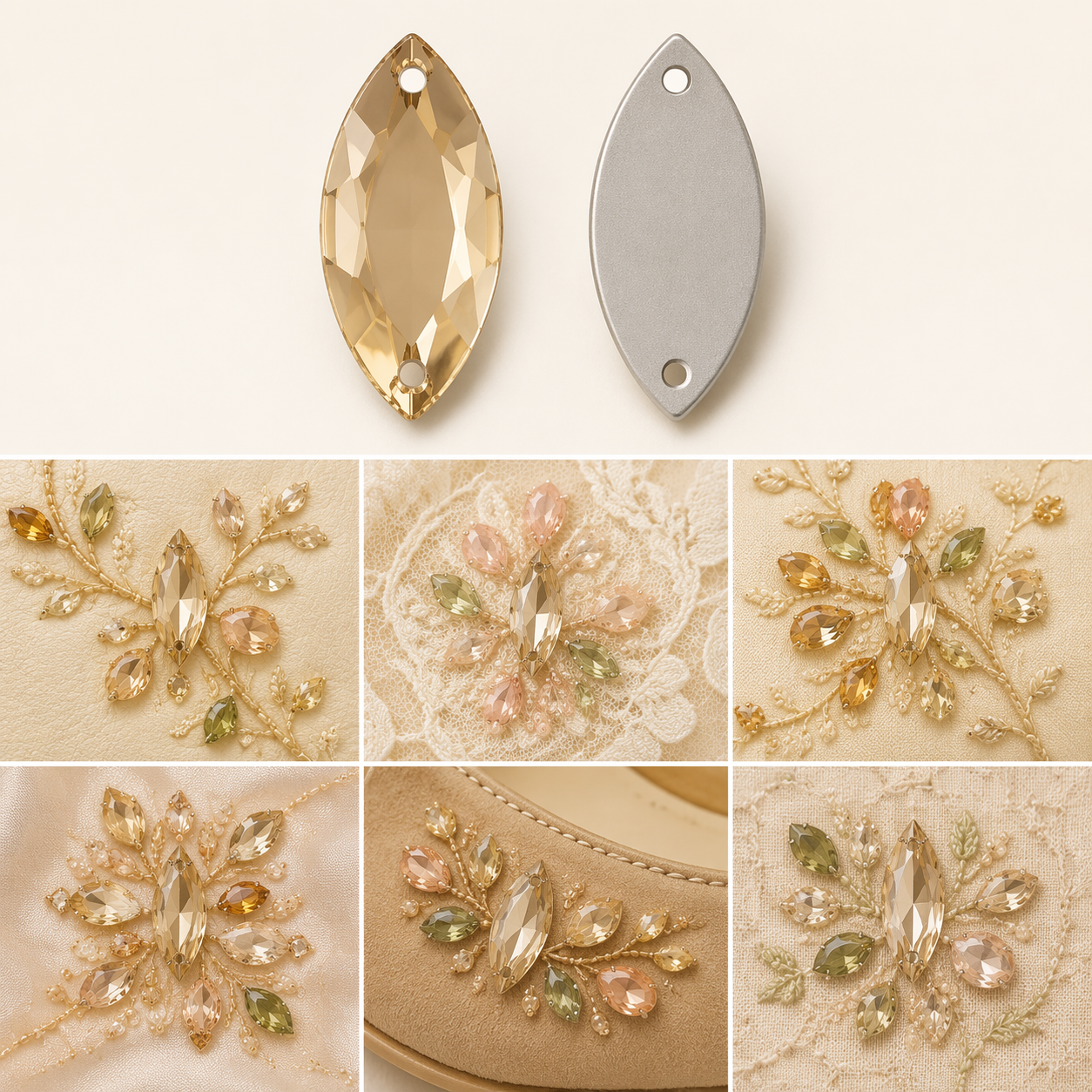 G&J Flat Cut Marquise Faceted Two-Hole Acrylic Sew-On Rhinestones, Elongated PMMA Hand Sew Only Stones, Safe Chamfer Edge For Gown Waist Curve, Latin Stage Costume, Swimwear Border & DIY Fabric Decor