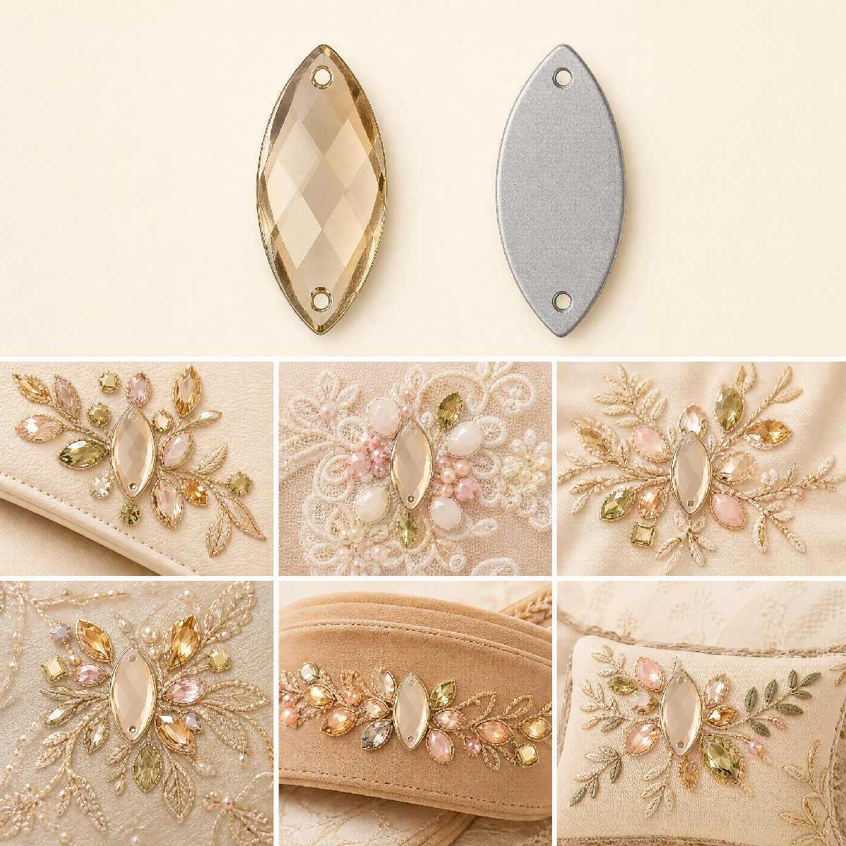 G&J Marquise Cabochon Two-Hole Acrylic Sew-On Rhinestones, Elongated Domed PMMA Hand Sew Stones, Safe Chamfer Edge For 3D Curve Embellishment On Bridal Gown, Latin Stage Costume, Swimwear & Kids Dress