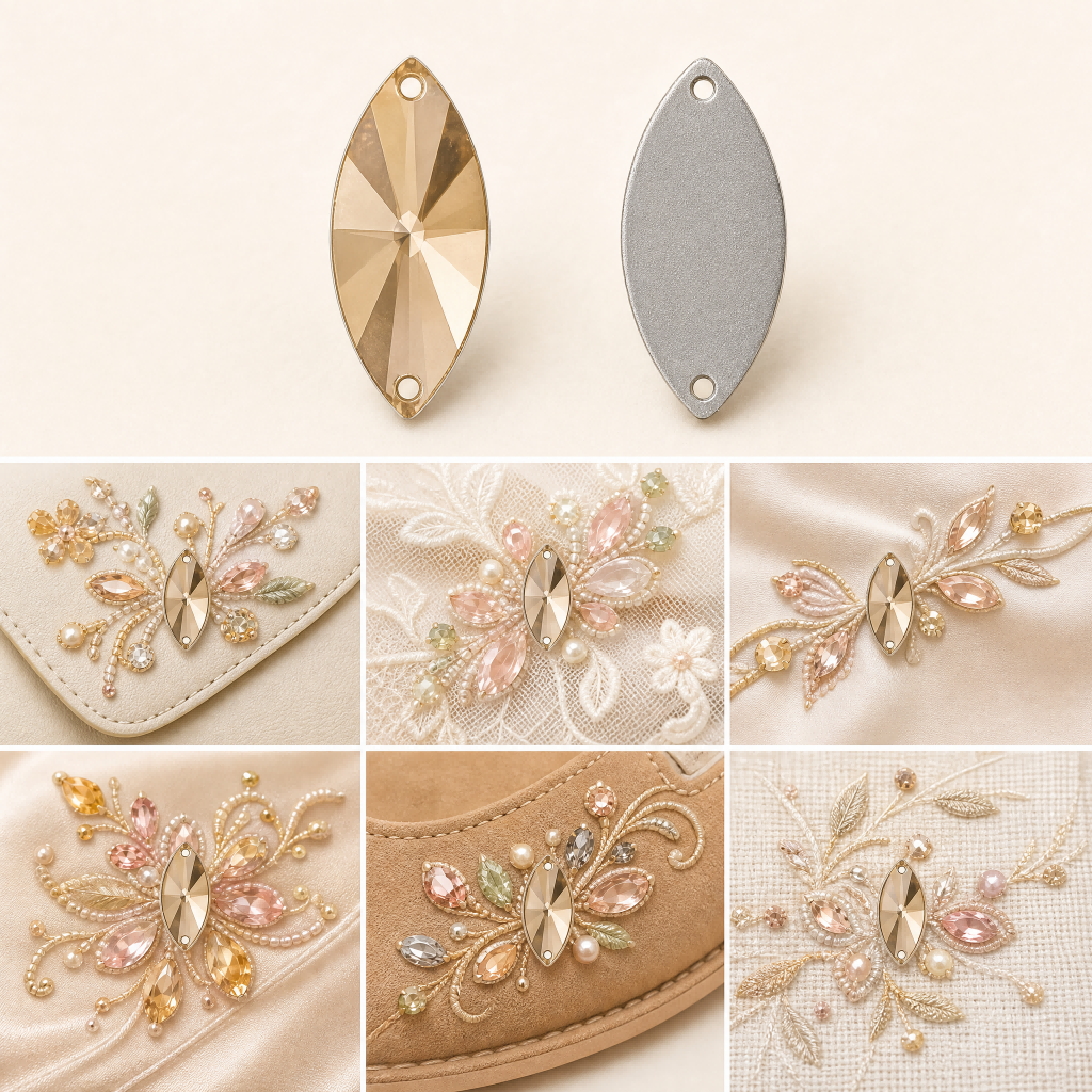 G&J Marquise Satellite Faceted Two-Hole Acrylic Sew-On Rhinestones, Elongated Radiant Facet PMMA Hand Sew Stones, Safe Chamfer Edge For High-Glitter Curve Trim On Bridal Gown, Latin & Idol Stage Costume, Swimwear & Kids Apparel