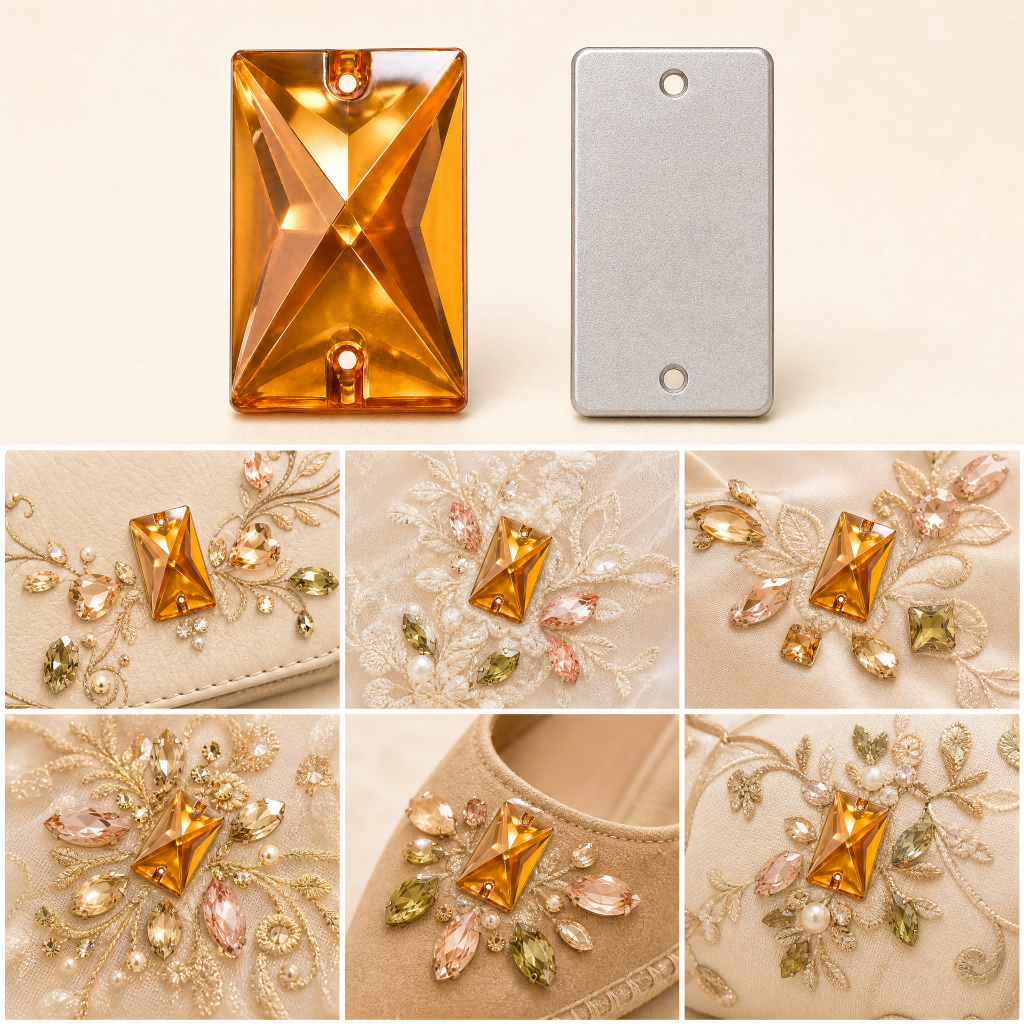 G&J Rectangle Satellite Faceted Acrylic Sew-On Rhinestones, PMMA Two-Hole Hand Sew Embellishment Trim For Wedding Gown, Stage Costume, Swimwear & Kids Apparel