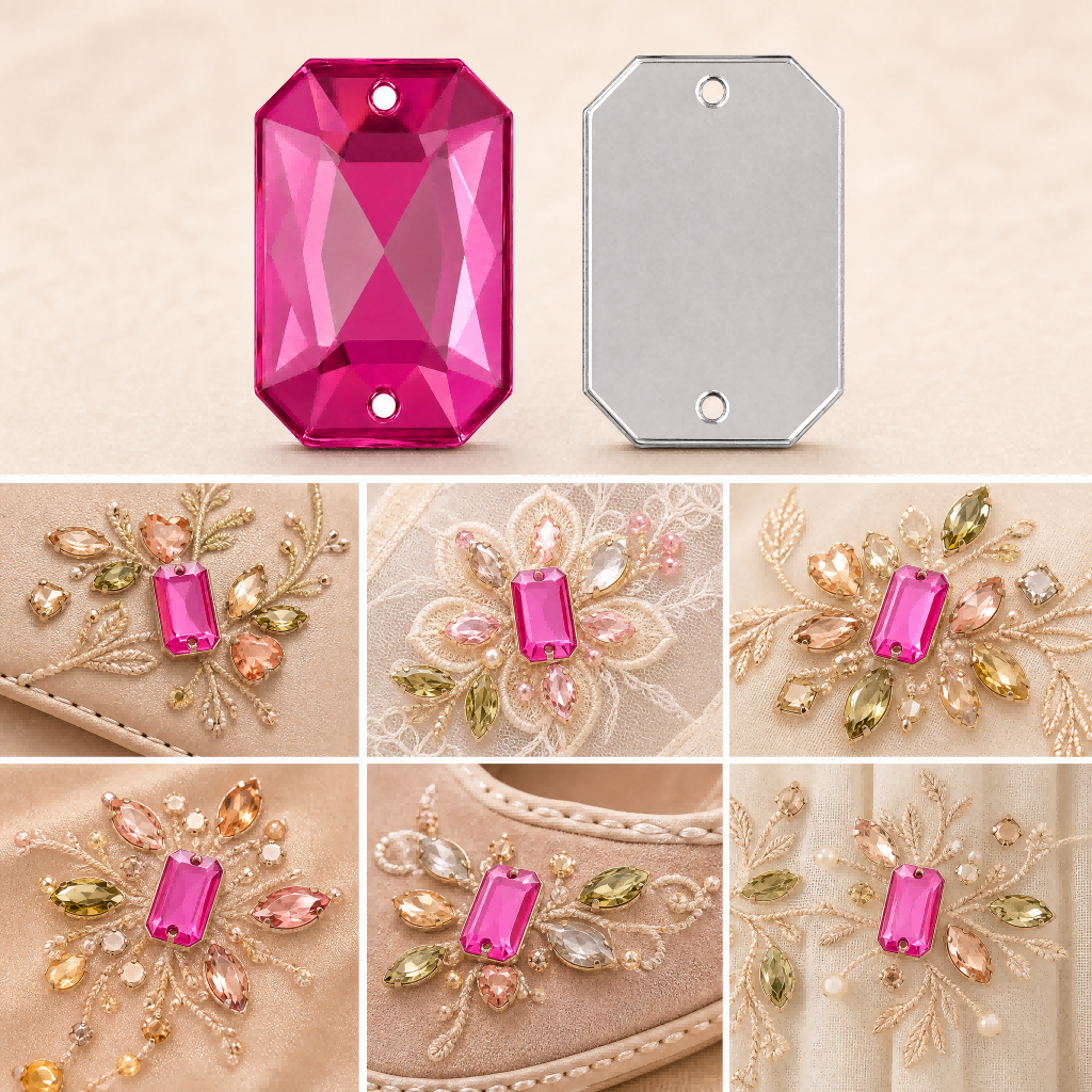G&J Flat Rectangle Chamfered Acrylic Sew-On Rhinestones, PMMA Two-Hole Hand Sew Embellishment Trim For Wedding Gown, Stage Costume, Swimwear & Kids Apparel