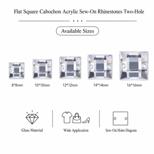 G&J Wholesale Flat Square Cabochon Acrylic Sew‑On Rhinestones Two‑Hole