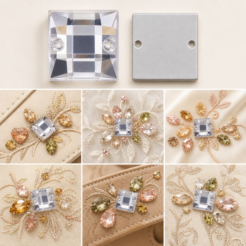 G&J Wholesale Flat Square Cabochon Acrylic Sew‑On Rhinestones Two‑Hole, PMMA Hand Sew Embellishment Trim For Wedding Gown, Stage Costume, Swimwear & Kids Apparel