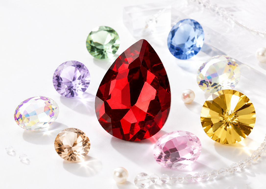 Pointed-back glass fancy stones in teardrop and marquise shapes