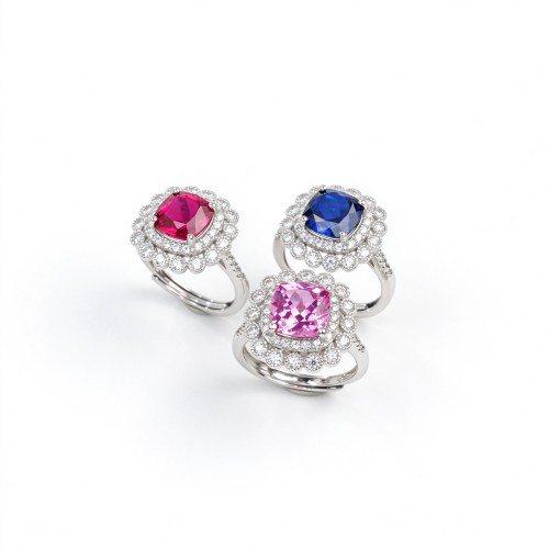 925 Sterling Silver Lab-Created Blue Sapphire Ring | Square Cushion Brilliant Cut | Double Halo