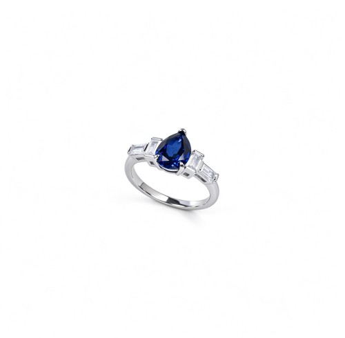 925 Sterling Silver Lab-Created Blue Sapphire Ring | Pear Brilliant Cut | Baguette Accents