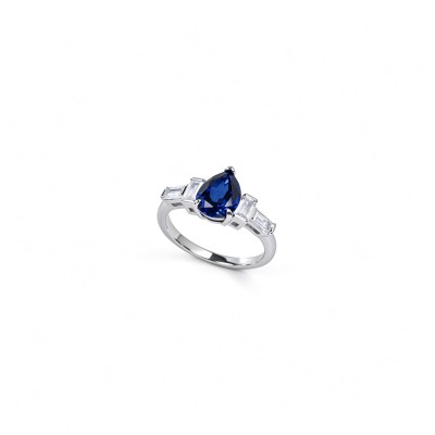 925 Sterling Silver Lab-Created Blue Sapphire Ring | Pear Brilliant Cut | Baguette Accents