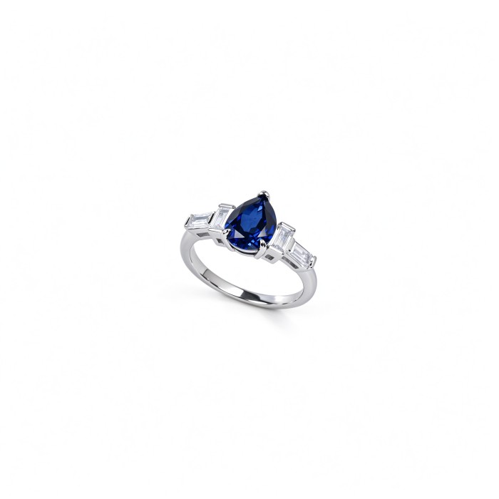 925 Sterling Silver Lab-Created Blue Sapphire Ring | Pear Brilliant Cut | Baguette Accents