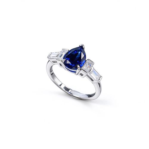 925 Sterling Silver Lab-Created Blue Sapphire Ring | Pear Brilliant Cut | Baguette Accents