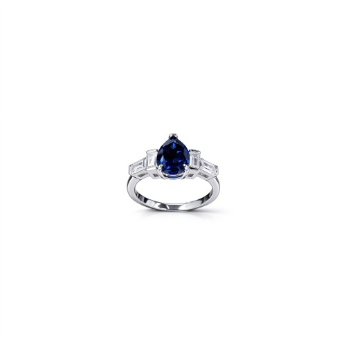 925 Sterling Silver Lab-Created Blue Sapphire Ring | Pear Brilliant Cut | Baguette Accents
