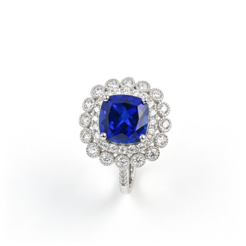 925 Sterling Silver Lab-Created Blue Sapphire Ring | Square Cushion Brilliant Cut | Double Halo