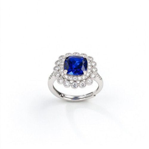 925 Sterling Silver Lab-Created Blue Sapphire Ring | Square Cushion Brilliant Cut | Double Halo