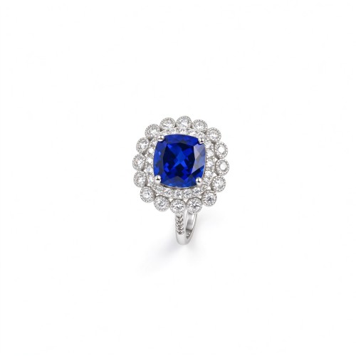 925 Sterling Silver Lab-Created Blue Sapphire Ring | Square Cushion Brilliant Cut | Double Halo