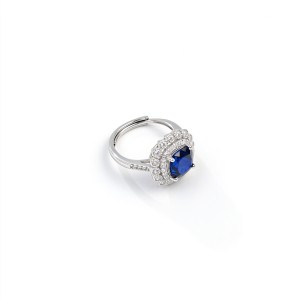 925 Sterling Silver Lab-Created Blue Sapphire Ring | Square Cushion Brilliant Cut | Double Halo