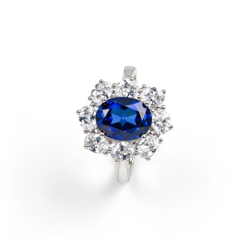 925 Sterling Silver Lab-Created Blue Sapphire Ring | 7 × 9 mm Oval Brilliant Cut | Cluster Halo