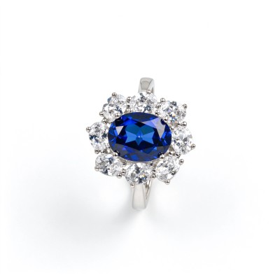 925 Sterling Silver Lab-Created Blue Sapphire Ring | 7 × 9 mm Oval Brilliant Cut | Cluster Halo