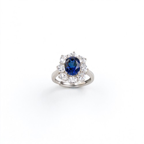 925 Sterling Silver Lab-Created Blue Sapphire Ring | 7 × 9 mm Oval Brilliant Cut | Cluster Halo