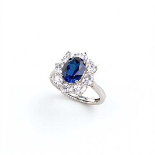 925 Sterling Silver Lab-Created Blue Sapphire Ring | 7 × 9 mm Oval Brilliant Cut | Cluster Halo