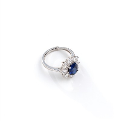 925 Sterling Silver Lab-Created Blue Sapphire Ring | 7 × 9 mm Oval Brilliant Cut | Cluster Halo