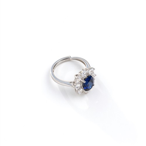925 Sterling Silver Lab-Created Blue Sapphire Ring | 7 × 9 mm Oval Brilliant Cut | Cluster Halo