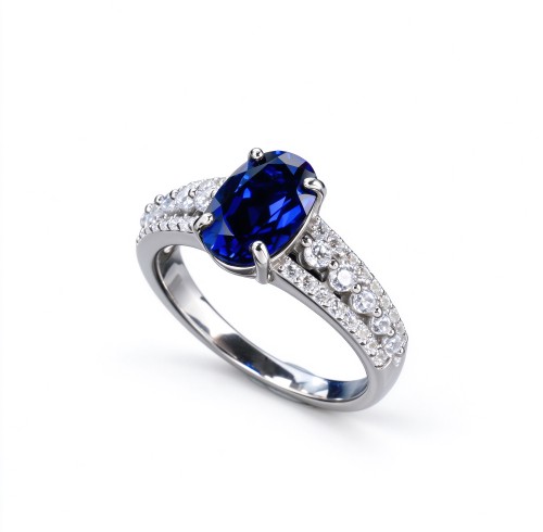 925 Sterling Silver Lab-Created Blue Sapphire Ring | 6 × 9 mm Oval Brilliant Cut | Pavé Split-Shank Design